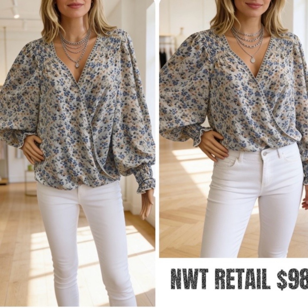 Max Studios NWT  Surplice Wrap Blouse in Blues Gold & Green Wispy Floral.